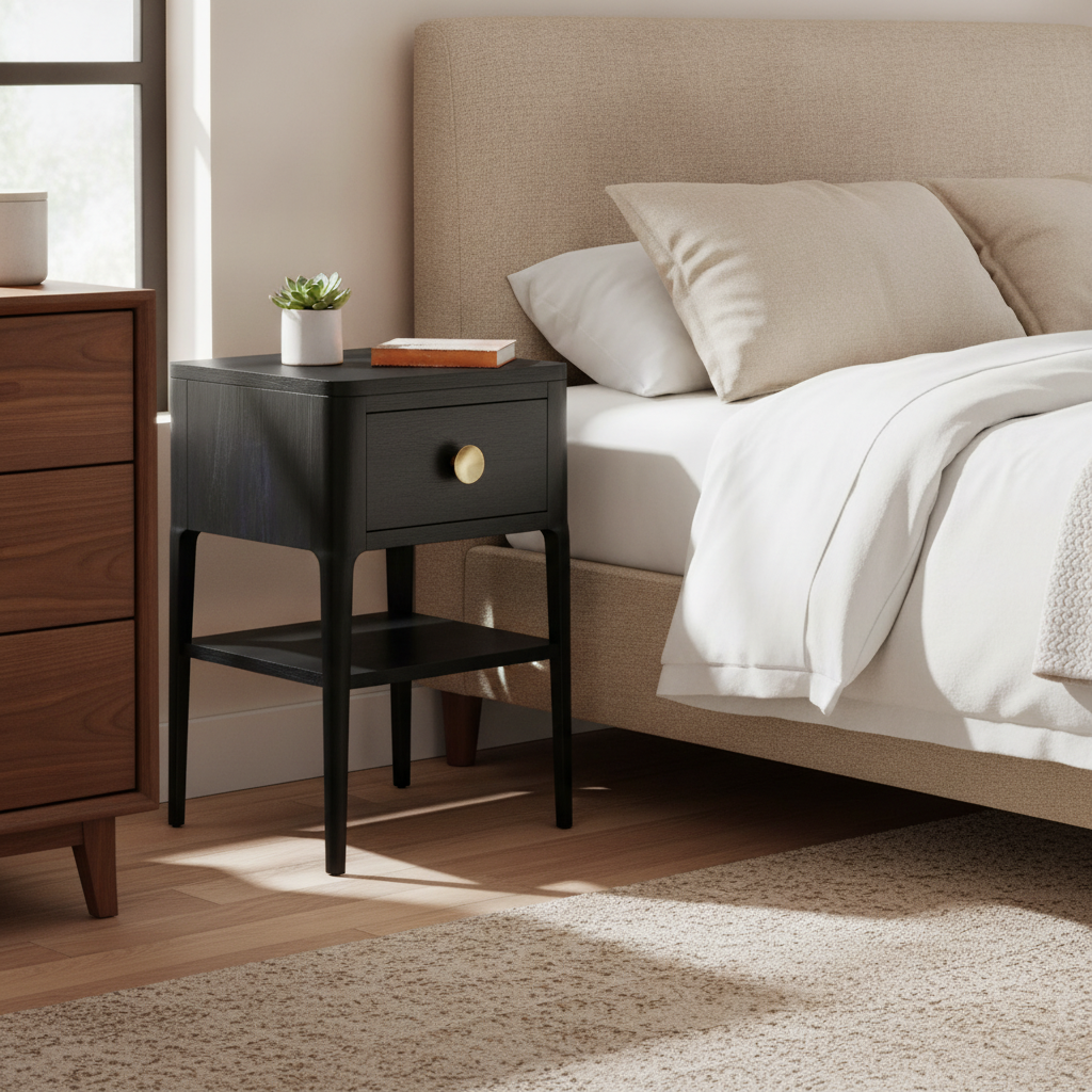 Black One-Drawer Bedside Table in a styled room; decor not included