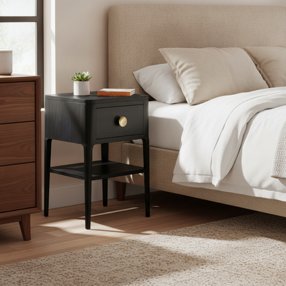 Black One-Drawer Bedside Table in a styled room; decor not included