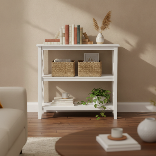 Ivory Three-Shelf Bookcase in a styled room; decor not included
