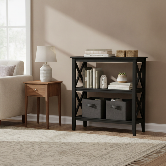 Black Three-Shelf Bookcase in a styled room; decor not included
