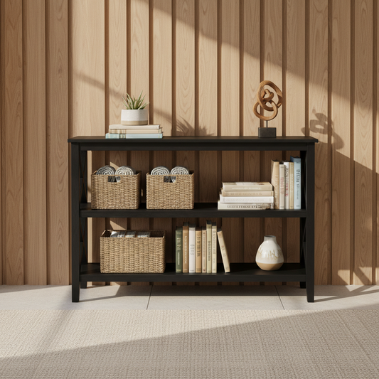 Black Bookcase in a styled room; decor not included