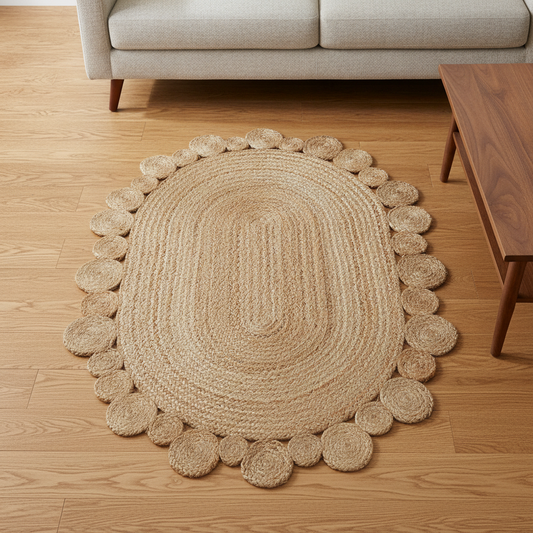 Oval Jute Rug in a styled room; decor not included