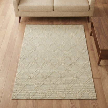 Small Geometric Rug in a styled room; decor not included