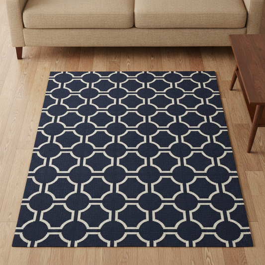 Navy and White Rug in a styled room; decor not included
