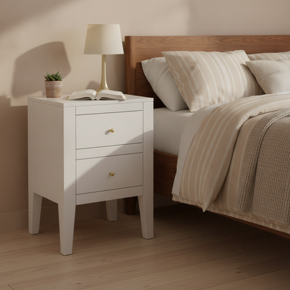 White Two-Drawer Nightstand in a styled room; decor not included