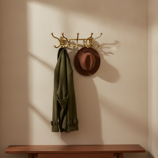 Antique Brass Wall-Mounted Coat Rack in a styled room; decor not included