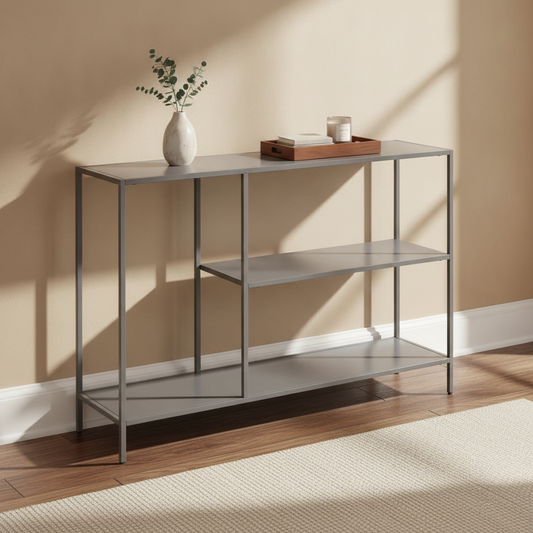 Grey Metal Console Table in a styled room; decor not included