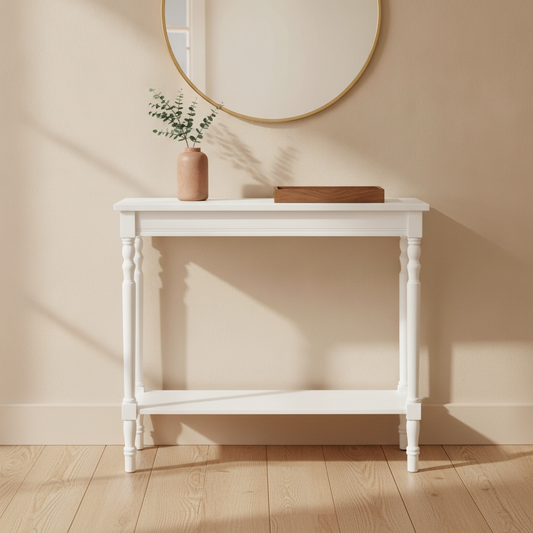 White Rectangular Console Table in a styled room; decor not included