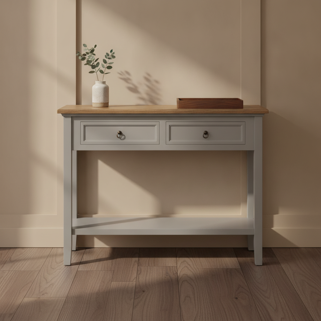 Antique Grey Console Table in a styled room; decor not included