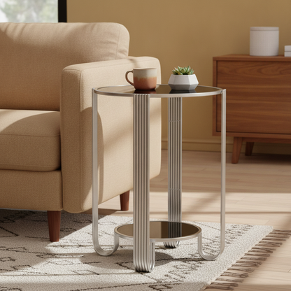 Round Black Mirror End Table in a styled room; decor not included