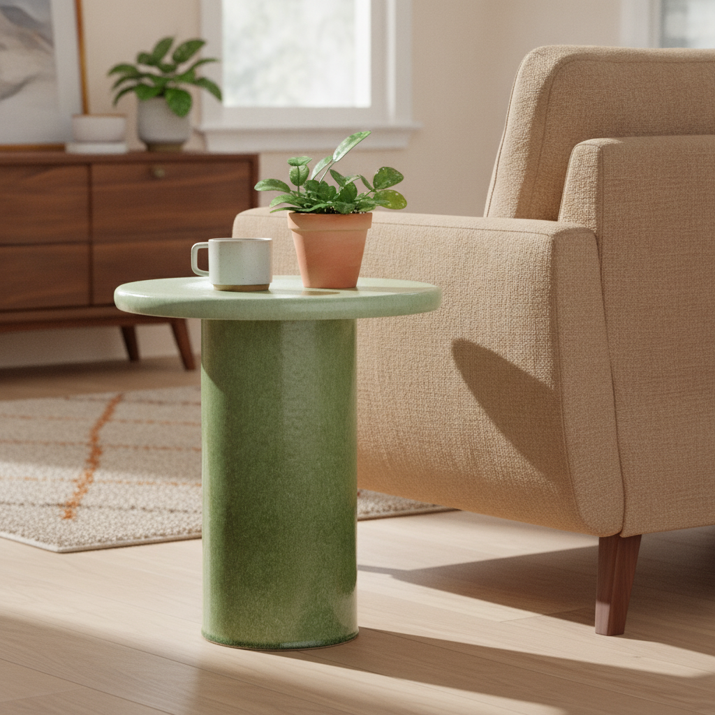 Mint Green Ceramic Side Table in a styled room; decor not included