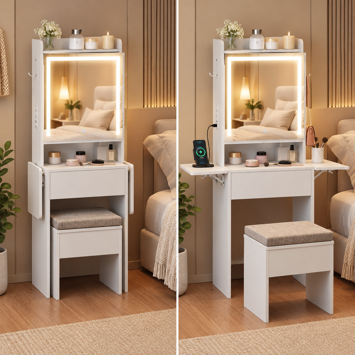 expandable vanity product view on a warm beige backdrop