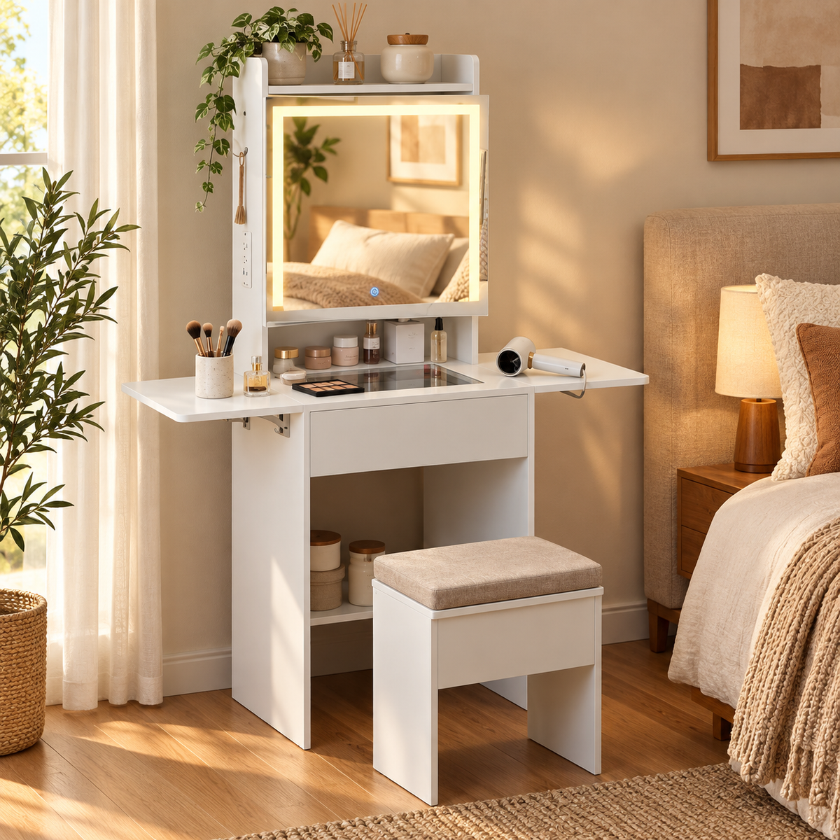 expandable vanity in a warm home setting