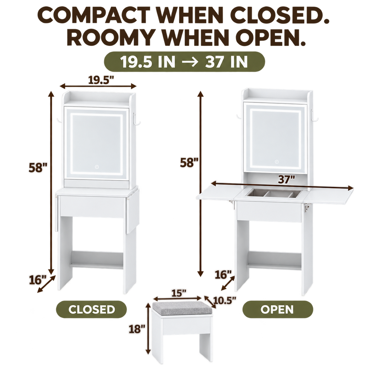 expandable vanity size guide and dimensions