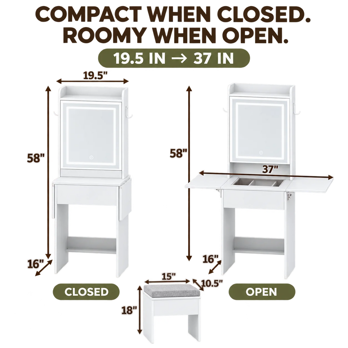 expandable vanity size guide and dimensions
