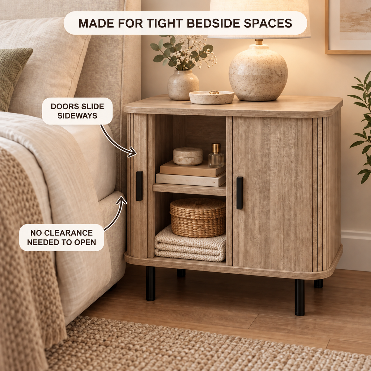 How the sliding tambour doors save space beside the bed
