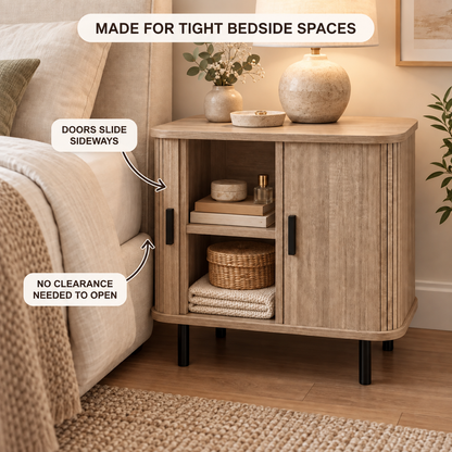 How the sliding tambour doors save space beside the bed