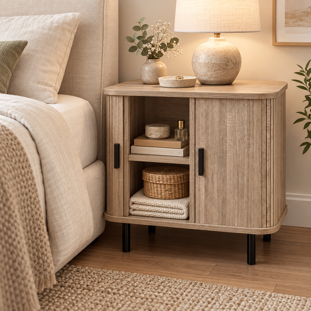 tambour nightstand product view on a warm beige backdrop