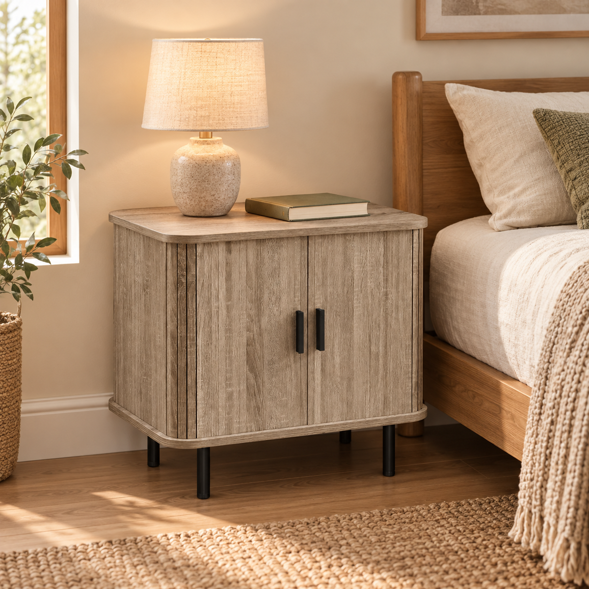 tambour nightstand in a warm home setting