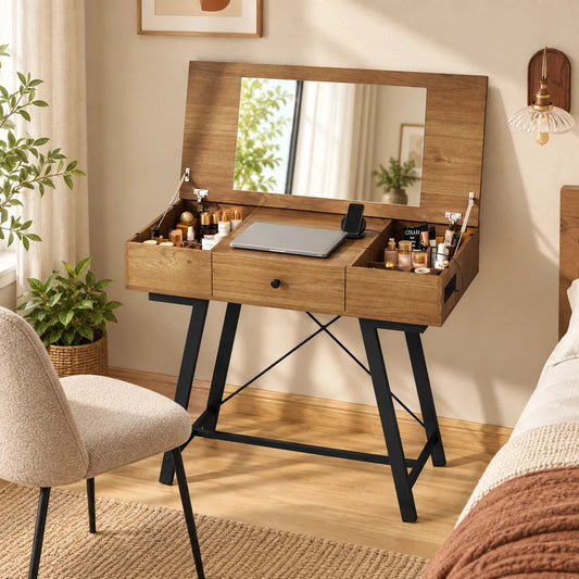 flip top vanity desk in a warm home setting