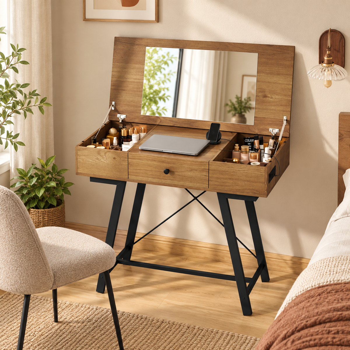 flip top vanity desk in a warm home setting