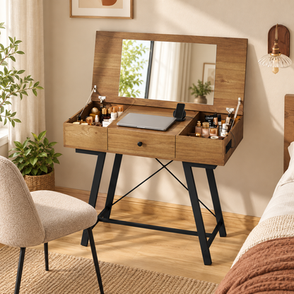 flip top vanity desk in a warm home setting