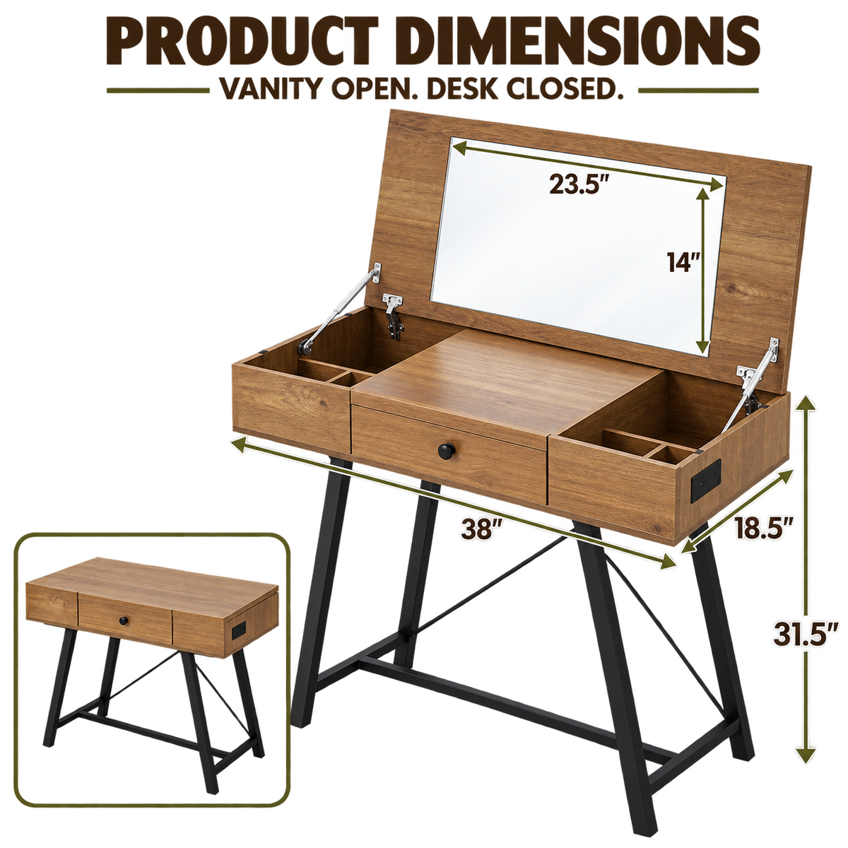 flip top vanity desk size guide and dimensions