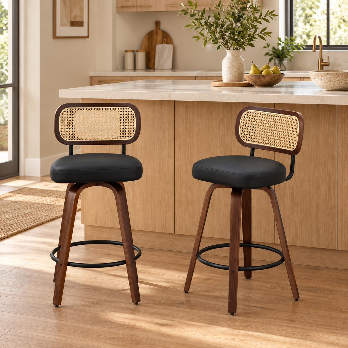 rattan stools in a warm home setting