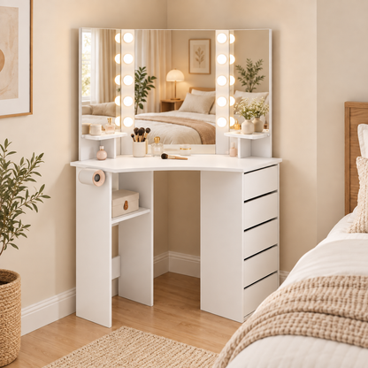 corner vanity product view on a warm beige backdrop