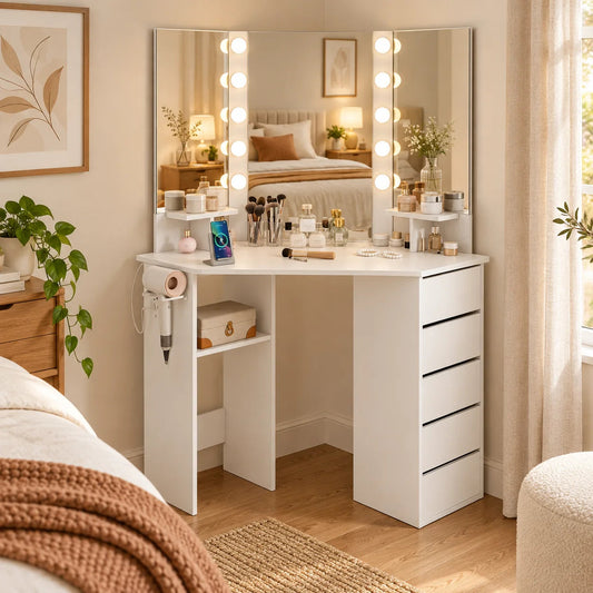 corner vanity in a warm home setting