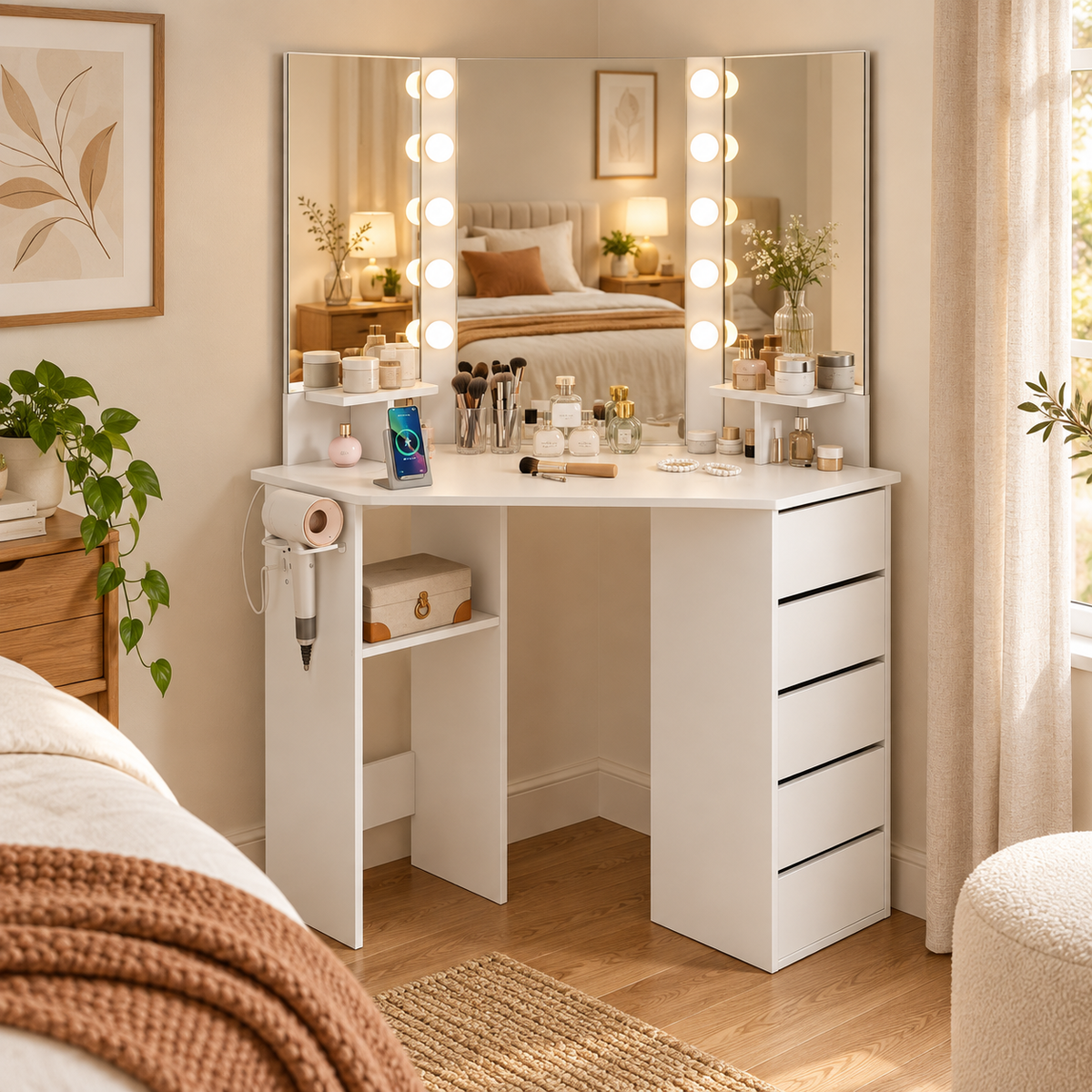 corner vanity in a warm home setting