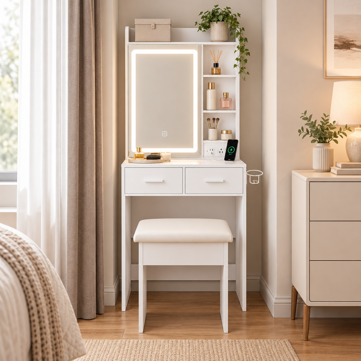 small vanity product view on a warm beige backdrop