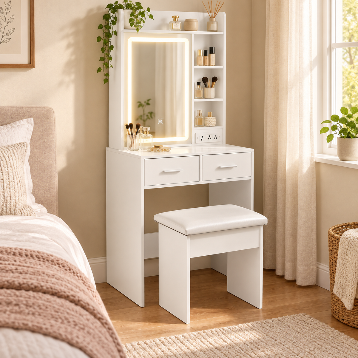 small vanity in a warm home setting