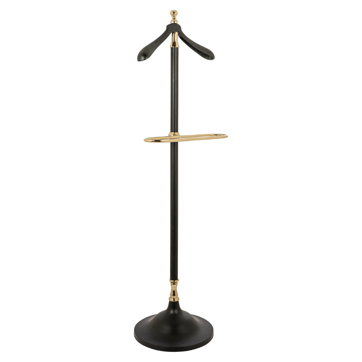 Black freestanding coat rack with gold-colored accents