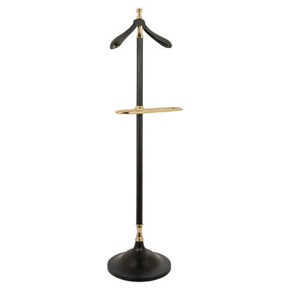 Black freestanding coat rack with gold-colored accents