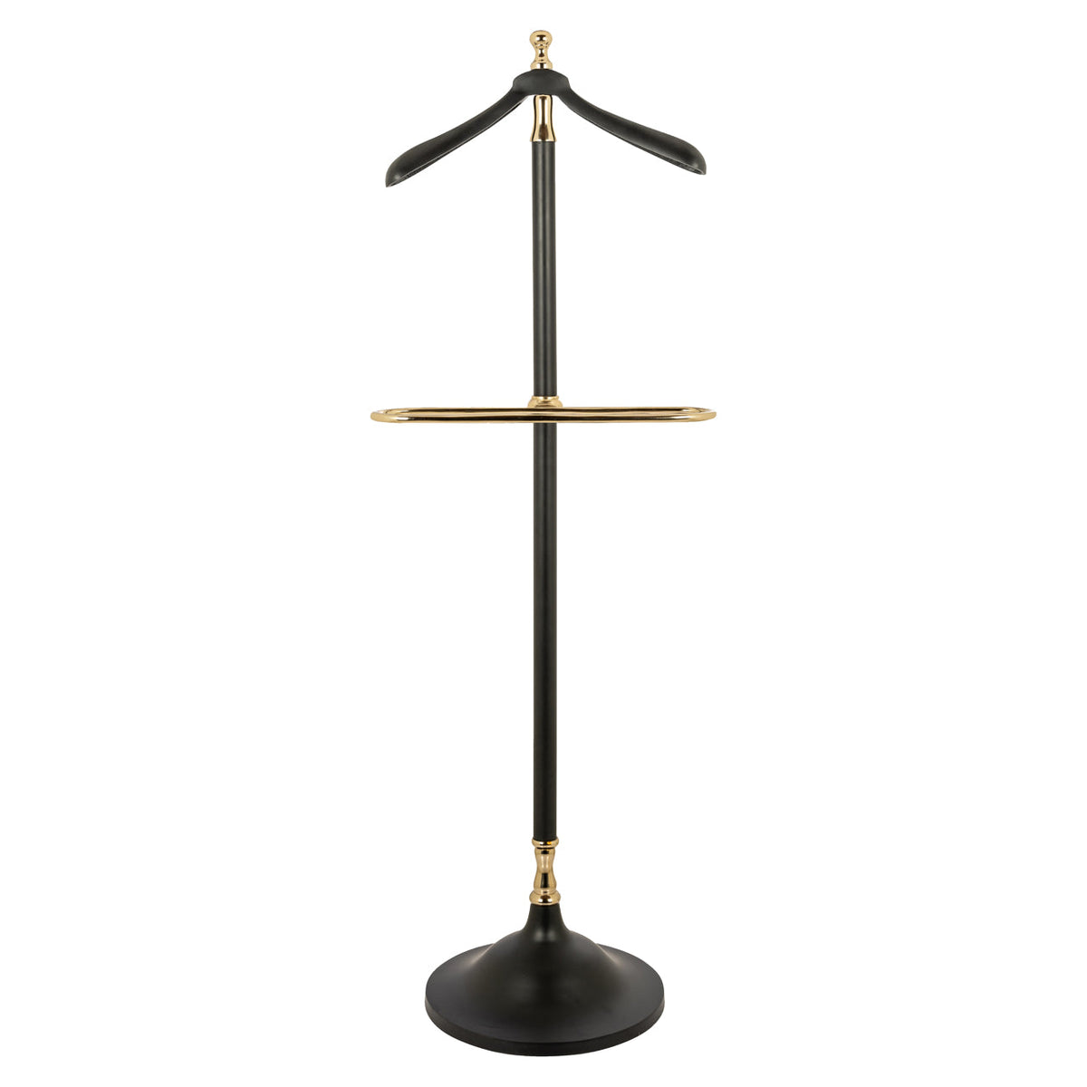 Black freestanding coat rack with gold-colored accents