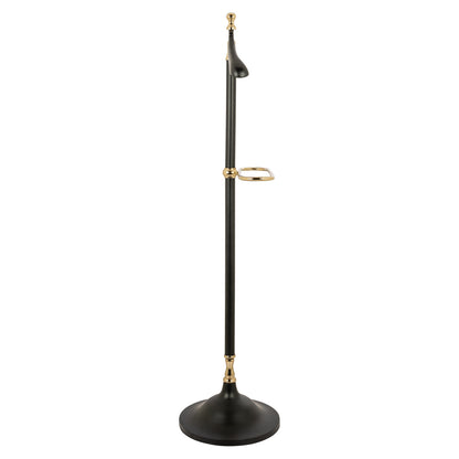 Black freestanding coat rack with gold-colored accents