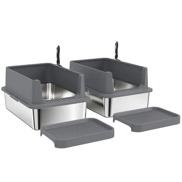 Stainless Steel Litter Boxes, 2-Pack XL High-Sided Pans with Steps and Scoops, Dark Gray — product view