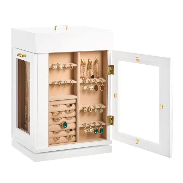 Rotating Jewelry Organizer, 360° Rotation, Magnetic Door, Acrylic Window, 4 Necklace Hooks, White — product-only view