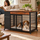 Dog resting inside the furniture-style crate beside its owner in a living room; pad and decor not included