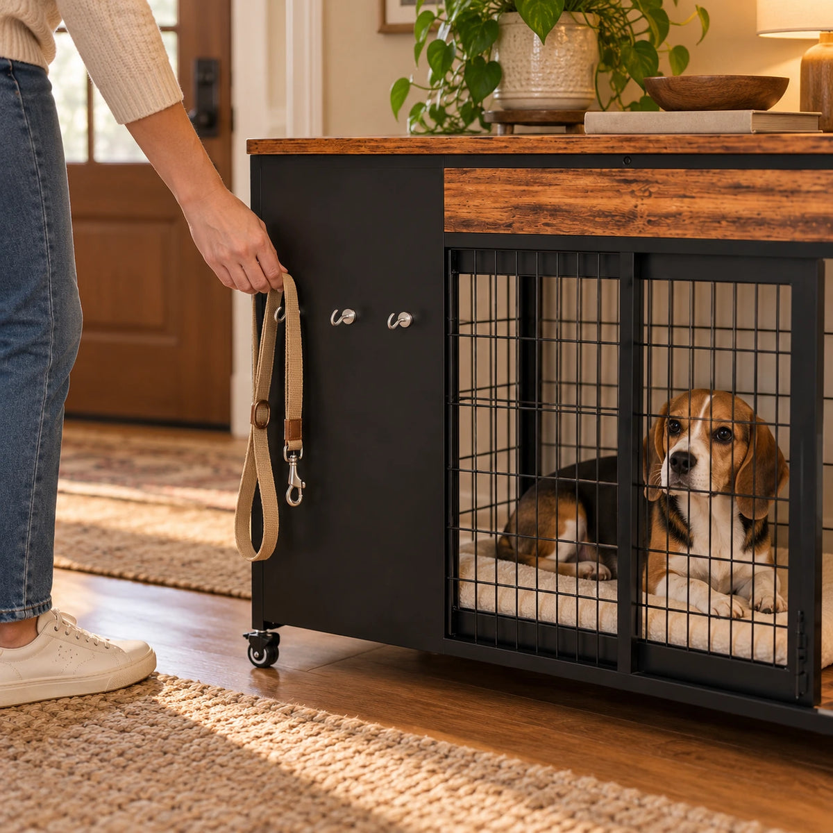 Owner hanging a leash on one of the three fixed hooks, with a dog visible inside; leash and pad not included