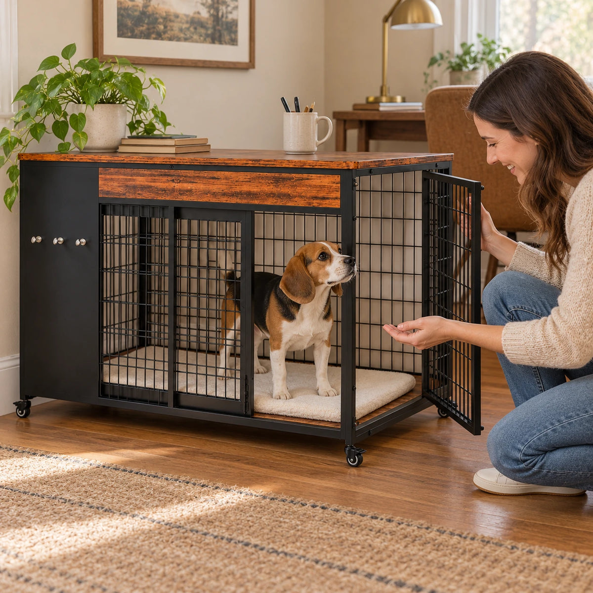 Owner interacting with a dog inside the crate through the open hinged right-side door; pad and decor not included