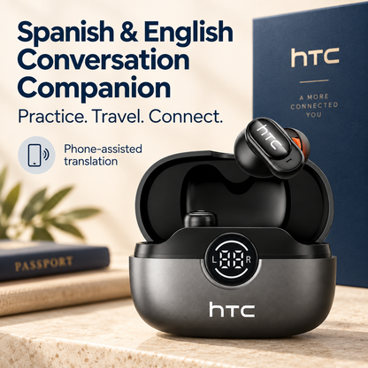 Spanish and English conversation companion earbuds for practice and travel