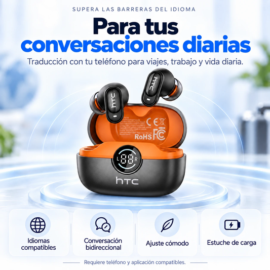 Auriculares HTC NE79 negros y estuche naranja para conversaciones asistidas por teléfono; texto en español.