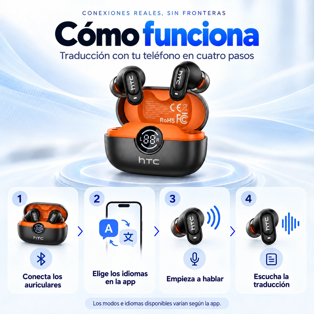 Conecta los auriculares y selecciona los idiomas en una app compatible.