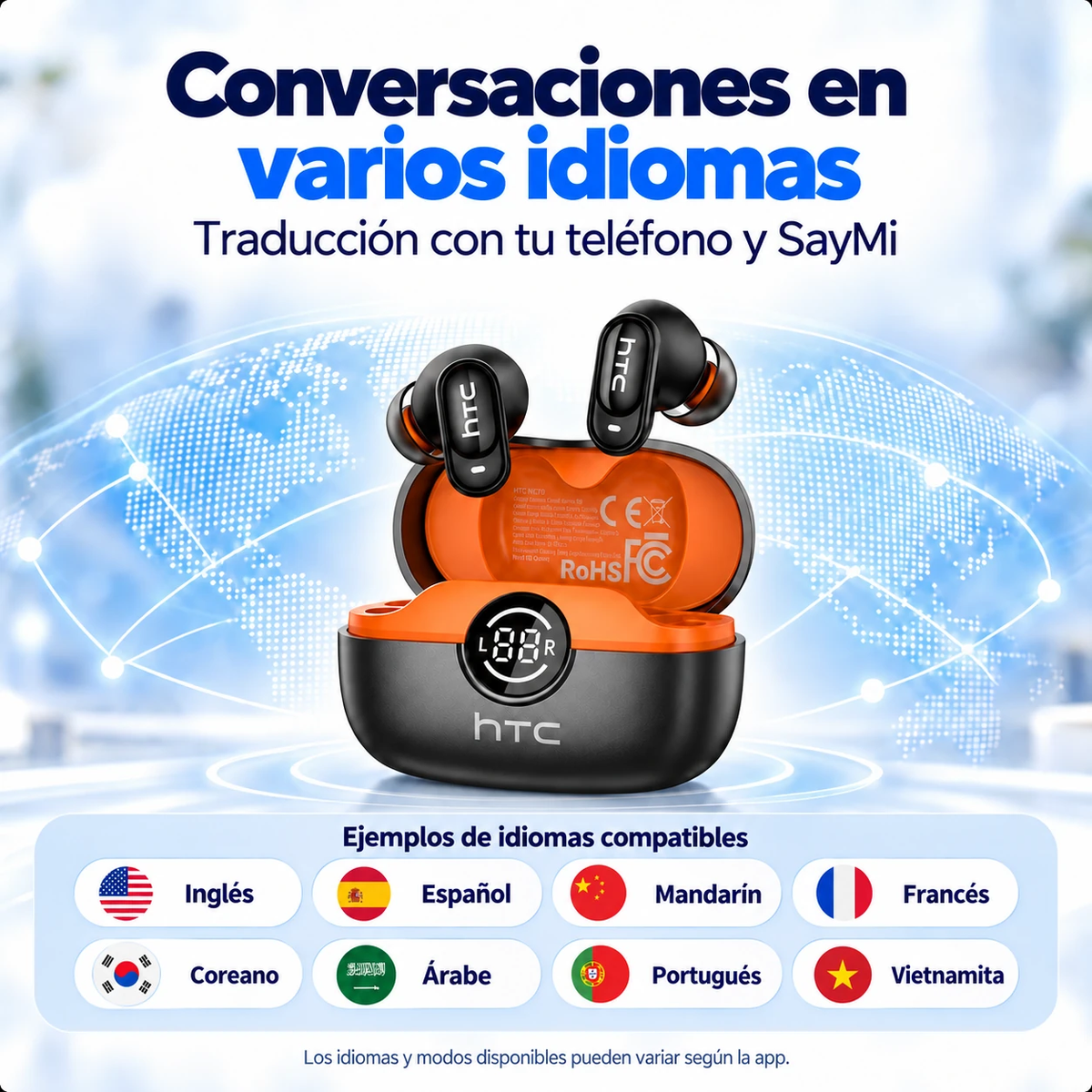 Ejemplos de idiomas y requisitos de traducción asistida por teléfono.