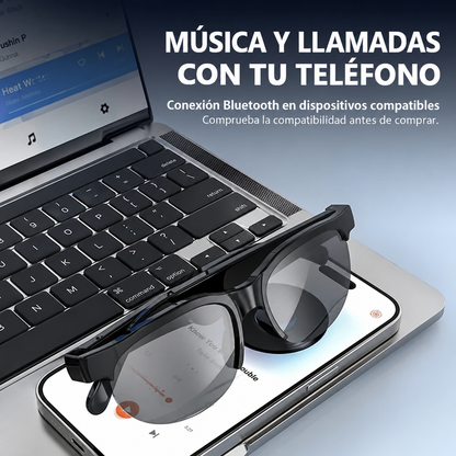 Gafas de audio Bluetooth con texto en español: música y llamadas con un teléfono compatible.