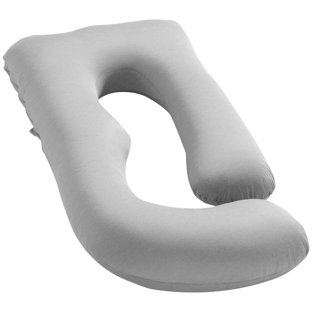 Almohada de embarazo gris en forma de G sobre fondo blanco.