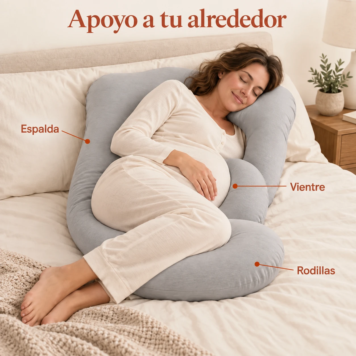 Colocación de la almohada junto a la espalda, el vientre y las rodillas.