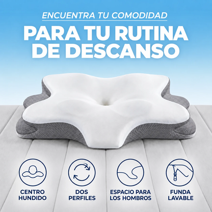 Almohada con superficie blanca y laterales grises; centro hundido y dos perfiles.